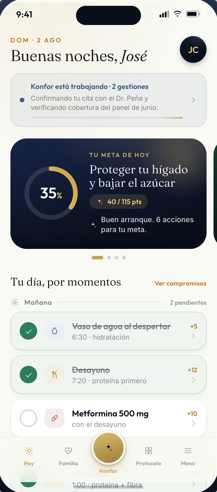 Pantalla Hoy de la app KONFOR: la meta del día, las acciones por franja horaria y la racha.