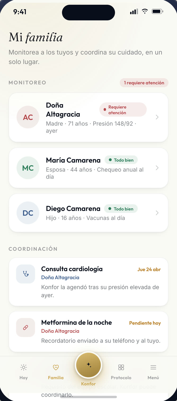 Pantalla Familia: el círculo de cuidado con la adherencia de cada persona.