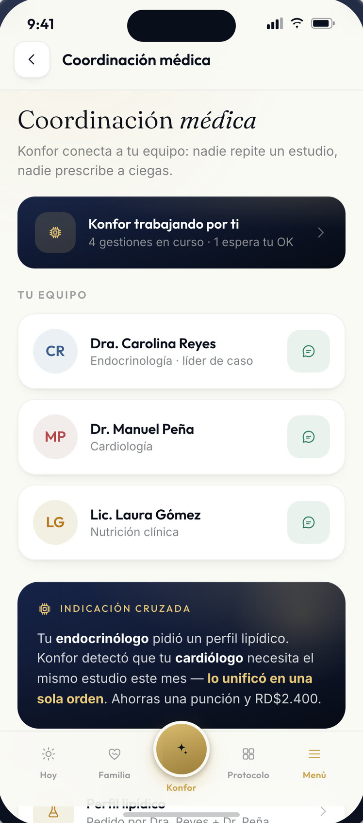 Pantalla de coordinación médica: lo que KONFOR está gestionando con el médico y la ARS.