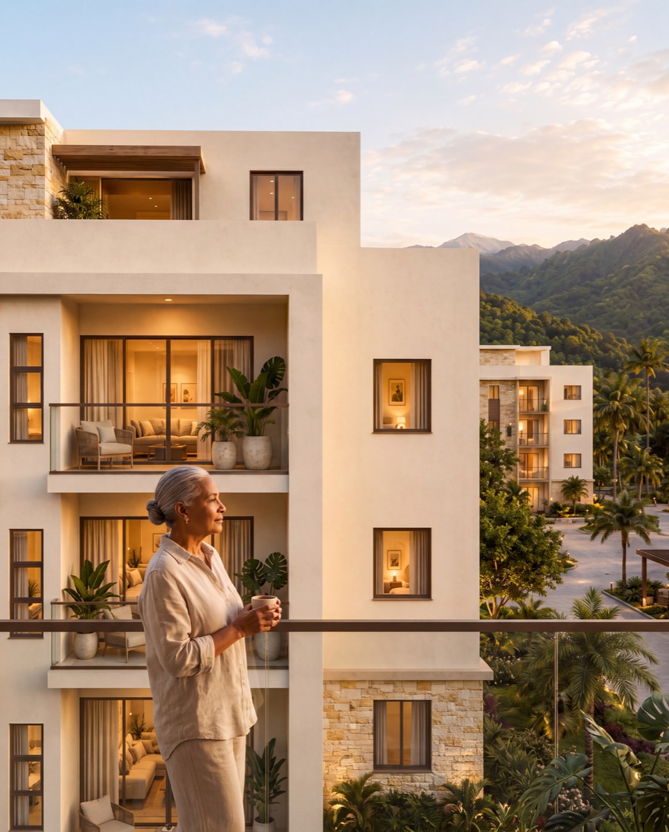 Una mujer de 72 años en el balcón de su apartamento al amanecer, mirando la cordillera con una taza de café.