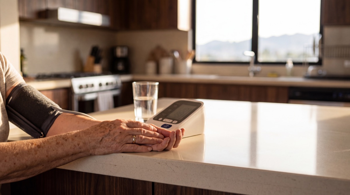 Manos de una mujer mayor junto a un tensiómetro doméstico sobre la mesa de la cocina.