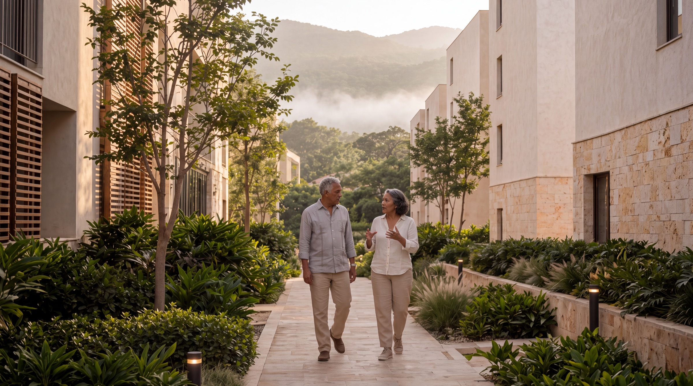 Dos personas mayores caminando al amanecer por el sendero de piedra entre los edificios de la comunidad.