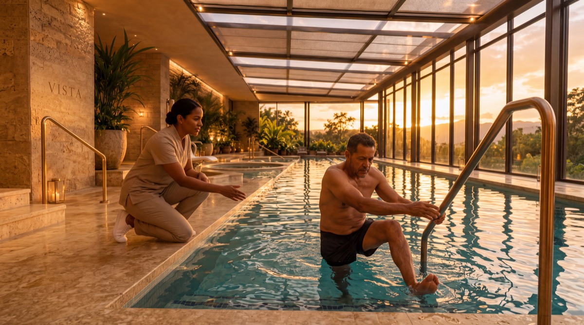 Un hombre de 70 años sale de la piscina calefactada apoyándose en un pasamanos de bronce, acompañado por una fisioterapeuta.