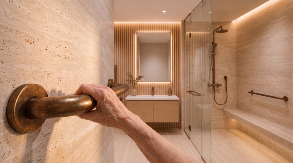 Barra de apoyo de bronce sobre travertino en el baño.