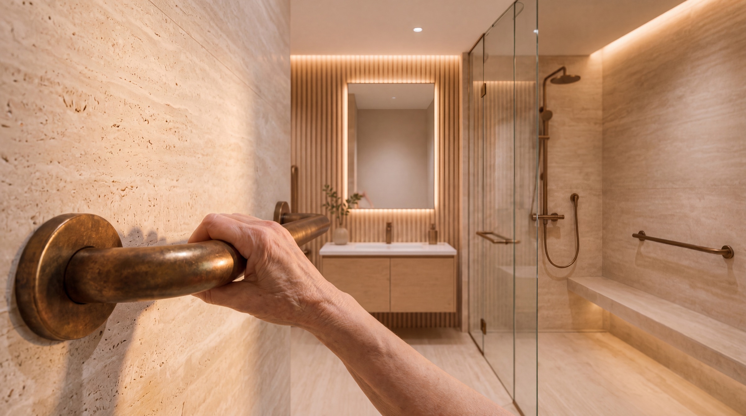 Detalle de una barra de apoyo de bronce montada sobre muro de travertino en un baño accesible.