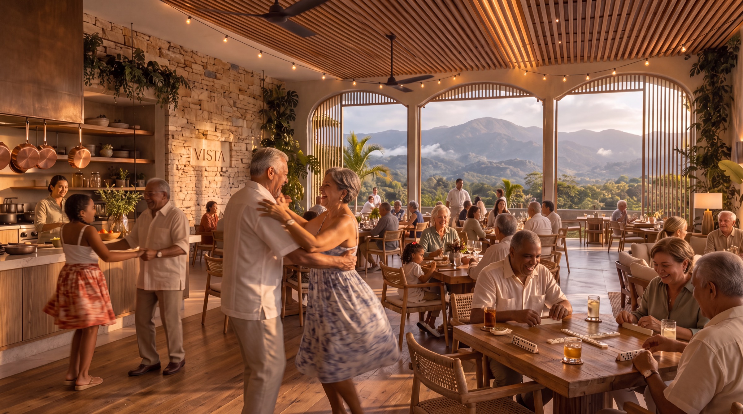 El salón del nodo al atardecer: una pareja mayor baila merengue, otros juegan dominó y una niña baila con su abuelo.