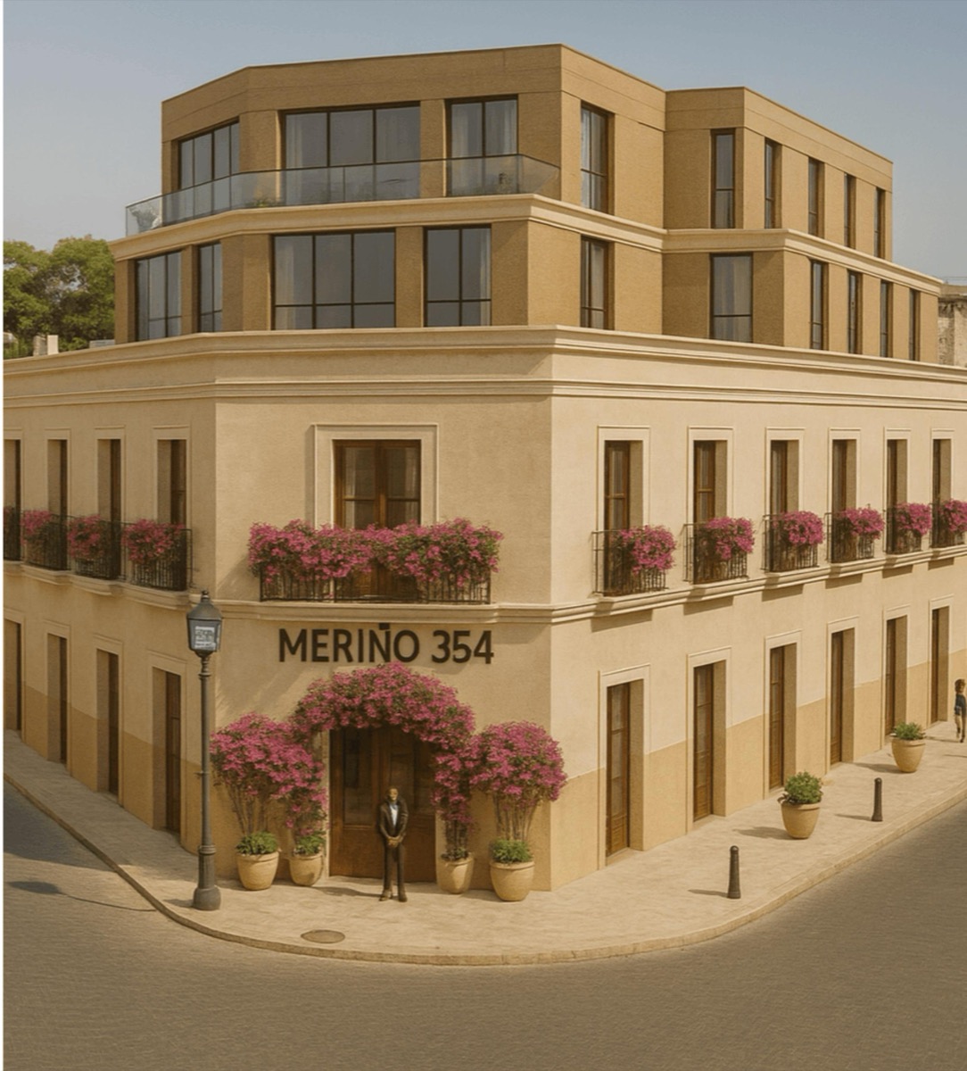 Fachada de Meriño 354 en la Ciudad Colonial, con balcones de hierro y buganvilla.