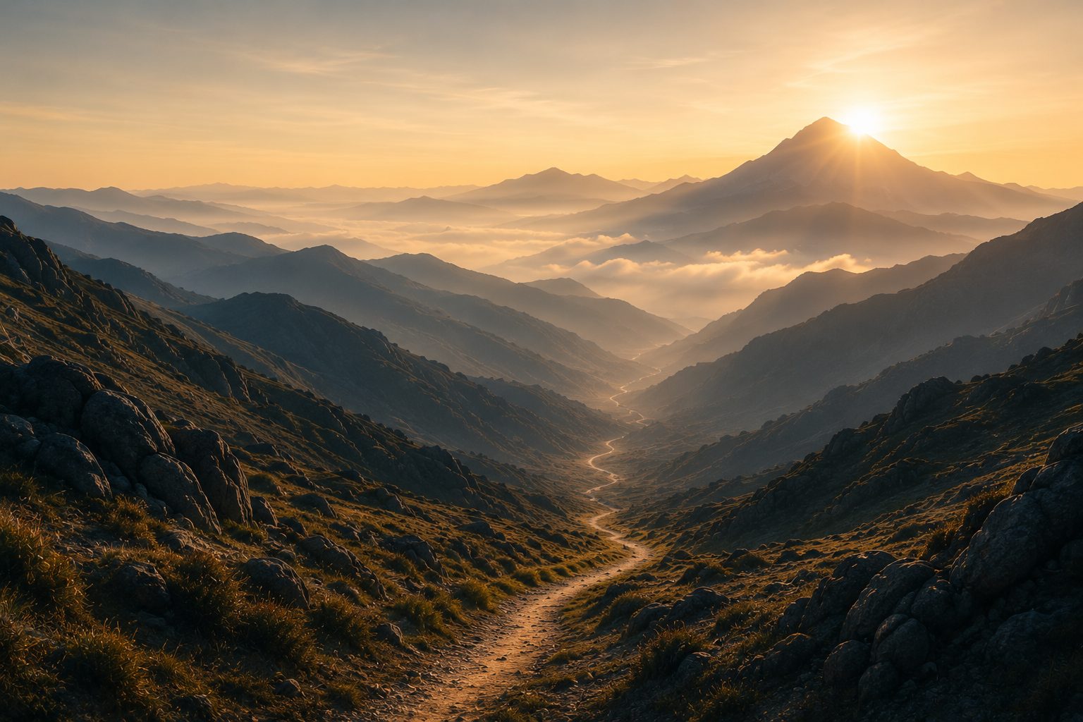 Un sendero de montaña al amanecer, subiendo entre la niebla dorada.